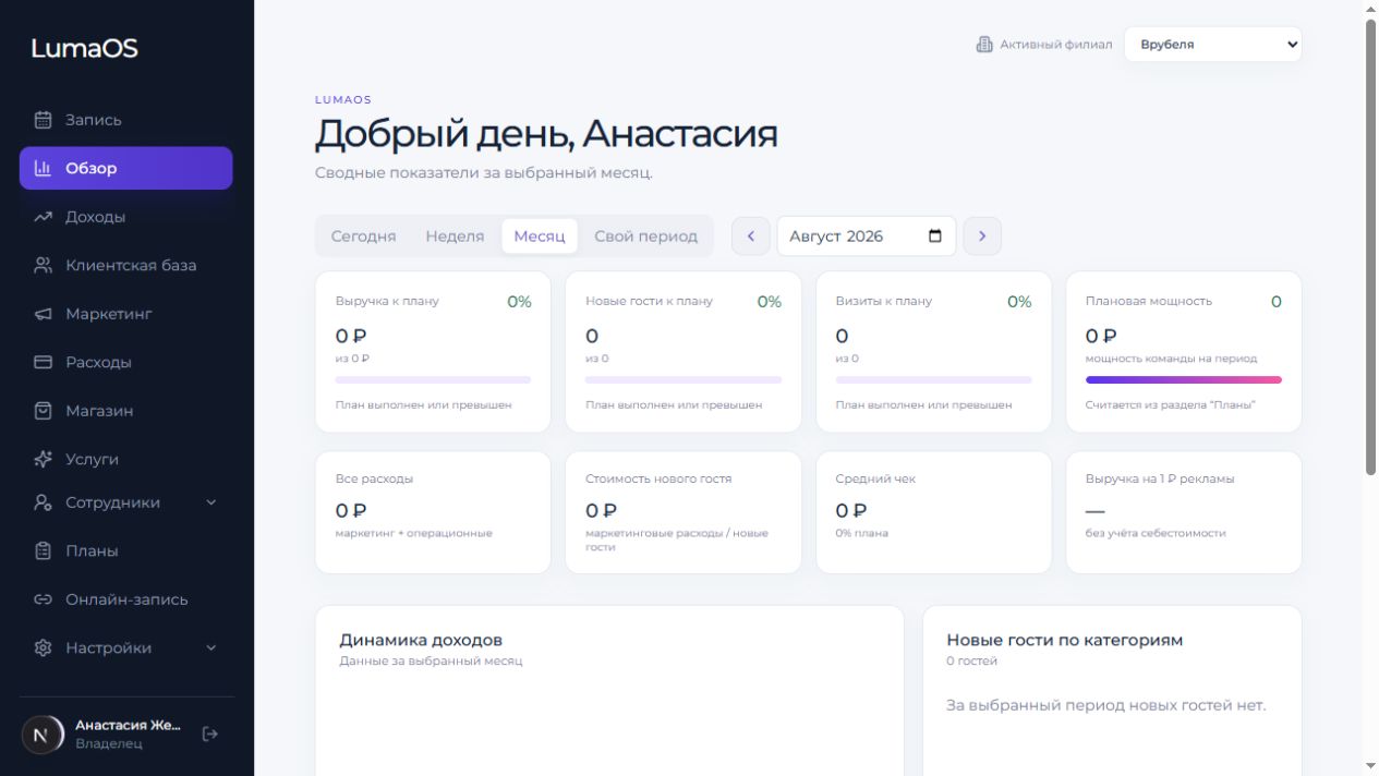 Реальный экран обзора LumaOS с показателями бизнеса